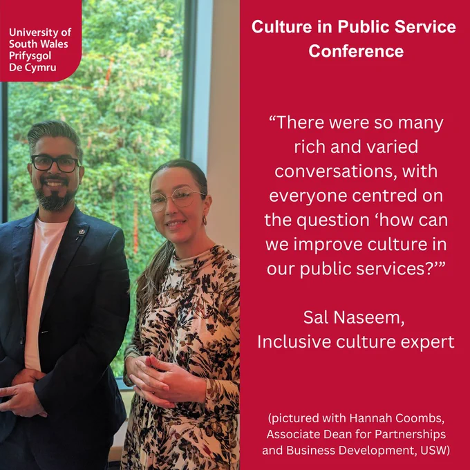 Two people are stood up and smiling at the camera.
Sal Naseem, Inclusive culture expert, is with Hannah Coombs, USW’s Associate Dean of Partnerships and Development.
