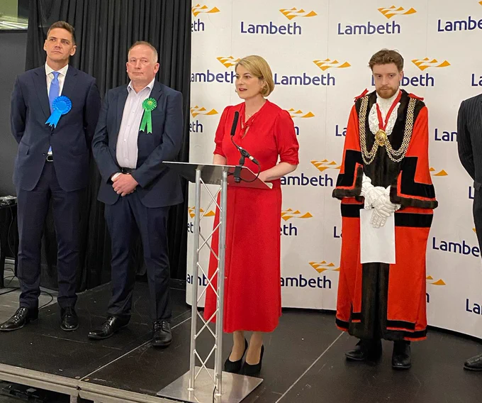 Helen Hayes MP at the Lambeth general election count with the Mayor of Lambeth and the Conservative and Green Party candidates