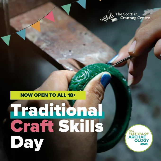 Hands holding an intricate paintbrush, painting a green jade bracelet with swirling patterns. Text reads 'Now open to all 18 . Traditional Craft Skills Day'. 