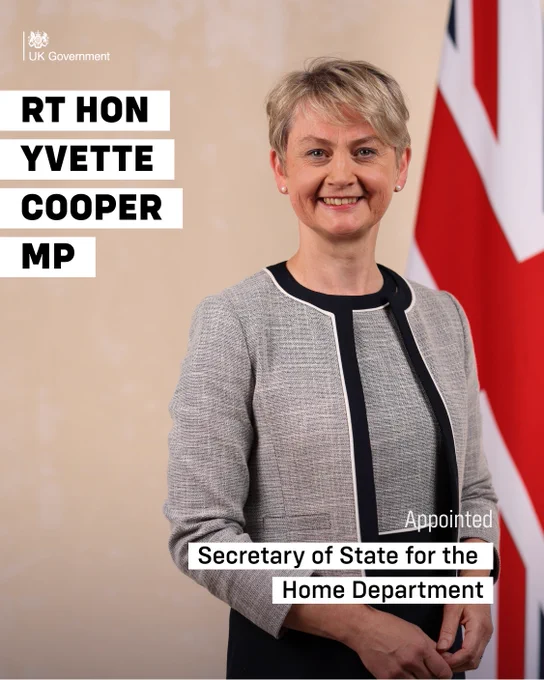 The Rt Hon Yvette Cooper MP appointed Secretary of State for the Home Department.  