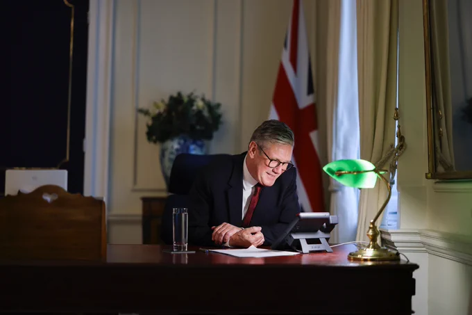 Prime Minister Keir Starmer speaks on the phone with US President Joe Biden from his office in 10 Downing Street.