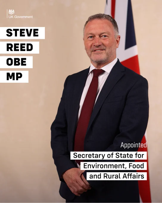 Steve Reed OBE MP appointed Secretary of State for Environment, Food and Rural Affairs.