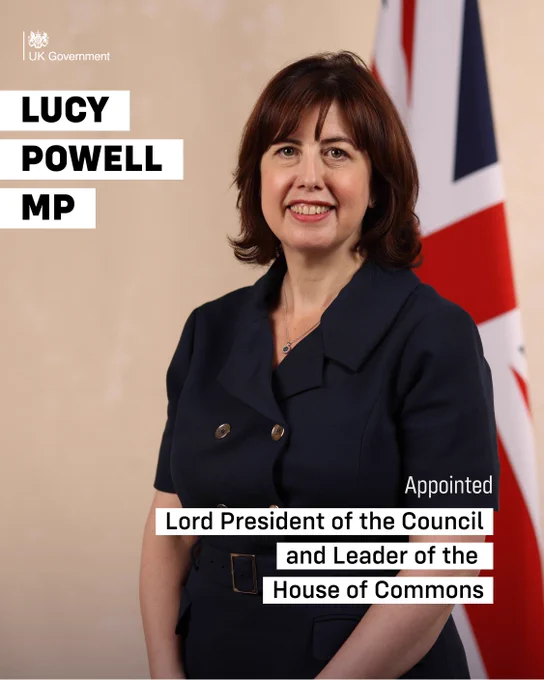 Lucy Powell MP appointed Lord President of the Council, and Leader of the House of Commons.