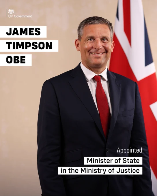 James Timpson OBE appointed Minister of State (Minister for Prisons, Parole and Probation) in the Ministry of Justice.