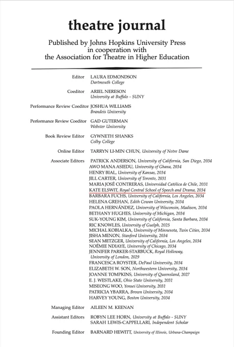 Screengrab of Theatre Journal's list of editors.
