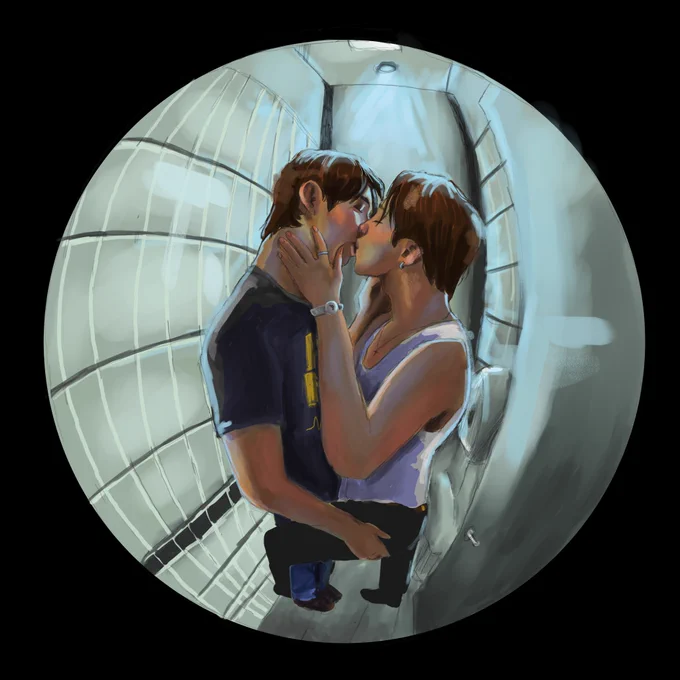 Sand and ray making out in the bathroom. Fisheye perspective. Ray holding his hand on sands face, sand holding rays sides to lift his leg around sands leg. 
