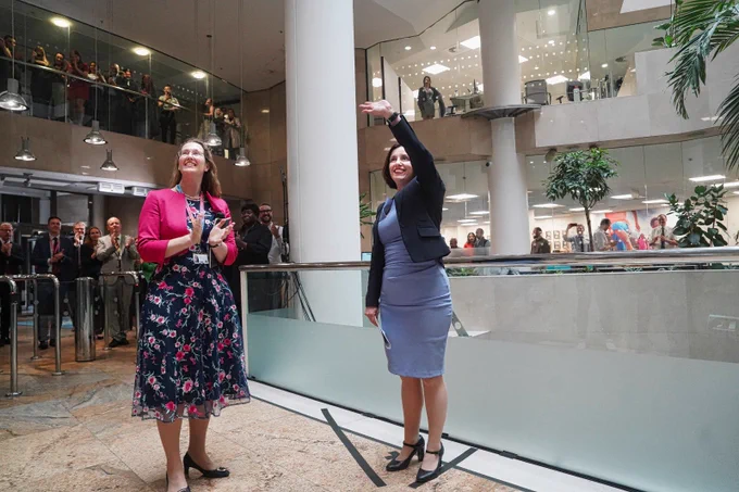 Bridget Phillipson MP, Secretary of State for Education, entering the Department for Education for the first time and greeting civil servants