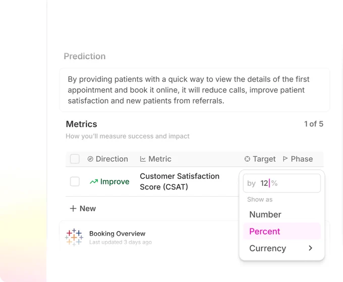 A simple table row that allows you to input the direction, name of the metric, a numeric value as a target and tags to identify a phase it impacts.