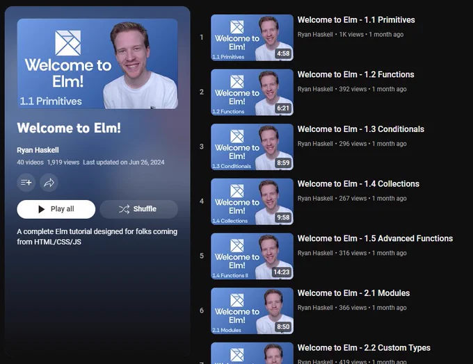 A screenshot of the "Welcome to Elm!" playlist on YouTube, featuring a few thumbnails and showing "40 videos" available.