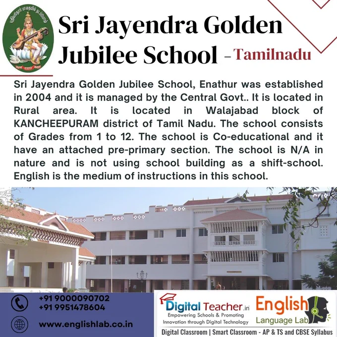 Sri Jayendra Golden Jubilee School - Tamilnadu.
Sri Jayendra Golden Jubilee School, Enathur, was established in 2004 and it is managed by the Central Govt.. It is located in Tamil Nadu. The school consists of grades 1 to 12. The school is co-educational, and it has an attached pre-primary section. The school is N/A in nature and is not using the school building as a shift-school. English is the medium of instructions in this school.
English Language Lab in Schools or Colleges makes #learninglanguage easier for students by enhancing their LSRW (#Listening, #speaking, #reading, #writing) skills through ICT (Information and Communication Technology). For more information, please visit: www.englishlab.co.in.
#englishvocabulary #englishlanguagelab