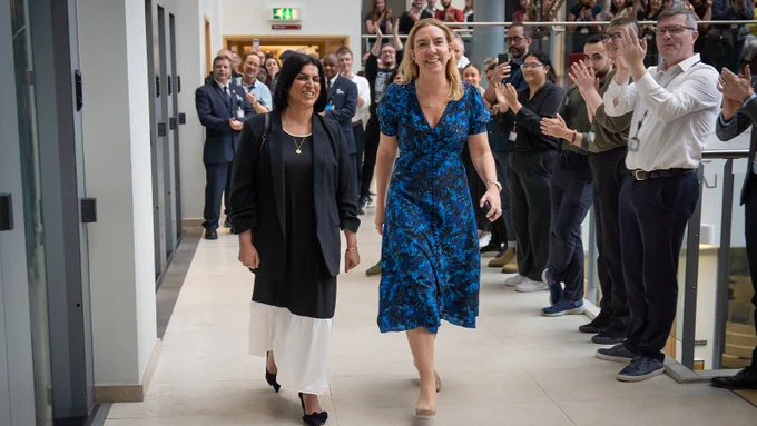 Lord Chancellor and Secretary of State for Justice Shabana Mahmood is welcomed by Permanent Secretary Antonia Romeo to the Ministry of Justice.