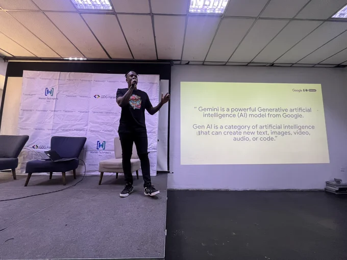 George Chakama on stage at Google I/O Extended event at Batanai Gardens Harare.