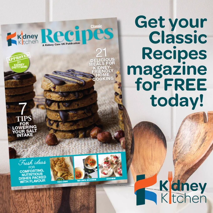Promotional image for a free magazine named Kidney Kitchen Classic Recipes. The cover features a stack of cookies with hazelnuts beside them, along with text highlighting "21 Classic Meals for Kidney-Friendly Cooking" and "7 Tips for Lowering Your Salt Intake." A wooden spoon and spatula are positioned to the right of the magazine. The Kitchen Kitchen logo it at the bottom right.