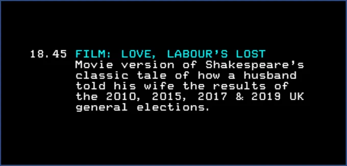 18.45 FILM: LOVE, LABOUR'S LOST. Movie version of Shakespeare's classic tale of how a husband told his with the results of the 2010, 2015, 2017 & 2019 UK general elections.