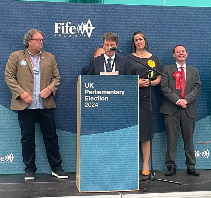 Richard Baker on stage at the count for Glenrothes and Mid Fife.