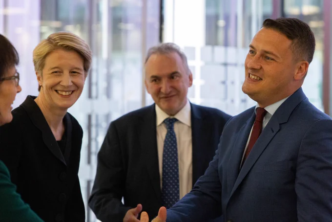 Health and Social Care Secretary Wes Streeting shakes hands with Professor Dame Jenny Harries.