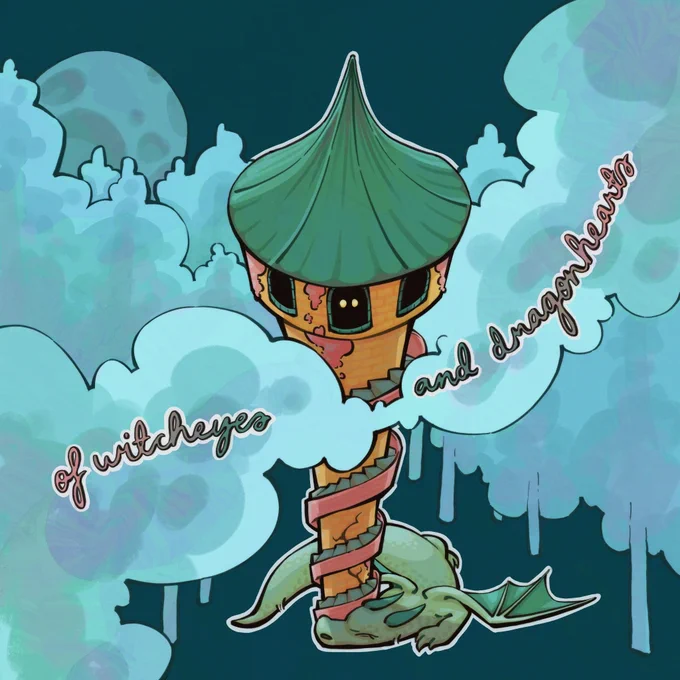 In the forest, there is a tall tower. At the base of the tower, a dragon sleeps. From one of the tower's high windows, we can see two glowing eyes.