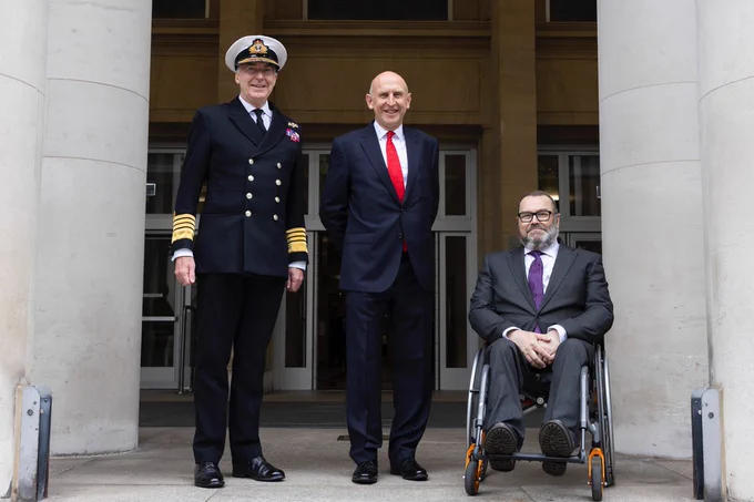 The Secretary of State for Defence, The Rt Hon John Healey MP (centre), arrives at MOD (Ministry of Defence) headquarters in London today (05/07/2024). Following his appointment to Cabinet by Prime Minister Sir Keir Starmer in 10 Downing Street. He was greeted by the Chief of Defence Staff Admiral Sir Tony Radakin KCB (left) and the Permanent Under Secretary David Williams (right) at the MOD. He was also greeted by MOD staff where he delivered a speech.
