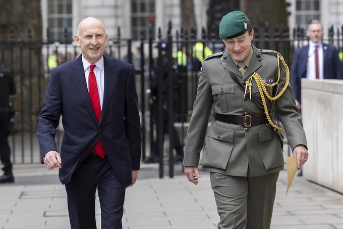 The Secretary of State for Defence, The Rt Hon John Healey MP (left), arrives at MOD (Ministry of Defence) headquarters in London today (05/07/2024). Following his appointment to Cabinet by Prime Minister Sir Keir Starmer in 10 Downing Street. He was greeted by the Chief of Defence Staff Admiral Sir Tony Radakin KCB and the Permanent Under Secretary David Williams at the MOD. He was also greeted by MOD staff where he delivered a speech.
