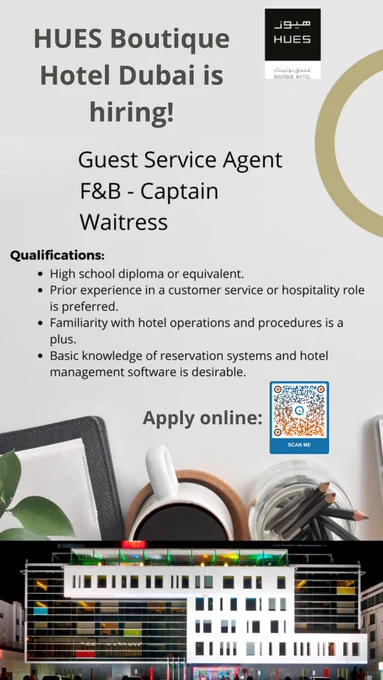 Careers Opportunity at HUES Boutique Hotel Dubai

Apply online: https://www.inituban.com/2023/02/hues-boutique-hotel-looking-for.html

HUES Boutique Hotel Dubai is hiring! Applicants should have a high school diploma or equivalent. Previous experience in customer service or hospitality is preferred. Familiarity with hotel operations and procedures is a plus. Basic knowledge of reservation systems and hotel management software is desirable. Join a dynamic team dedicated to providing exceptional service in a luxurious environment. Apply today and elevate your career at HUES Boutique Hotel Dubai!

Join WhatsApp Group:
https://bit.ly/JoinWhatsAppGroup-QuickJobs

#QuickJobs #Job LuxuryHospitality #DreamJob #HUESBoutiqueHotel #DubaiCareer #HotelJobs #HospitalityCareers #UAEVacancy #LuxuryHotelJobs #DubaiHospitality #HiringNow