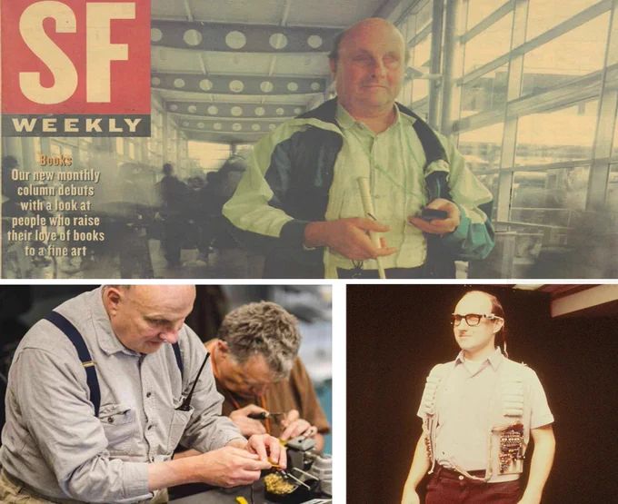 Collage of 3 images of Bill Gerrey: Bill on the cover of SF weekly, Bill working with another engineer on an electronic device, Bill wearing a tactile sensory substitution vest