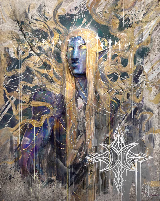 THE ARCH HEART stands in a glorious gold-streaked portrait overset with his sigil in this stunning art by Hannah Friederichs and Cael Lyons