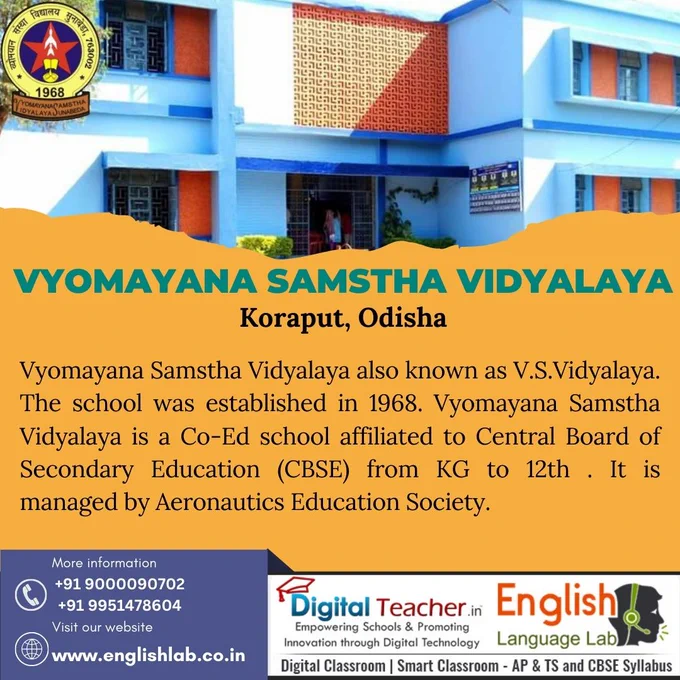 Vyomayana Samstha Vidyalaya- Koraput, Odisha.
Vyomayana Samstha Vidyalaya also known as V.S.Vidyalaya. The school was established in 1968. Vyomayana Samstha Vidyalaya is a Co-Ed school affiliated to Central Board of Secondary Education (CBSE) from KG to 12th . It is managed by Aeronautics Education Society.
English Language Lab course, high school students will be able to easily understand It focuses on a variety of topics such as speech rate, MTI, vocabulary, grammar, phonetics, intonation, and pronunciation, which will help students become experts and boost their confidence. For more visit: https://www.englishlab.co.in/ 👈
#DigitalClassroom #DigitalLanguageLab #smartclassroom #englishlanguagelab @followers