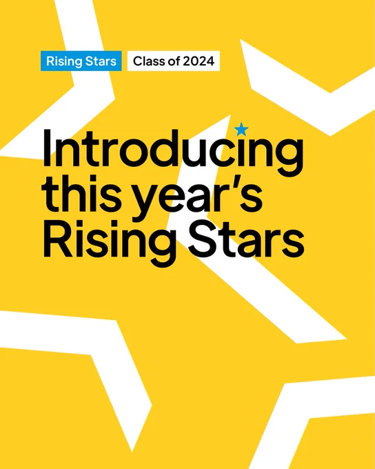 A yellow background with white shapes and in black text reads: introducing this year's rising stars