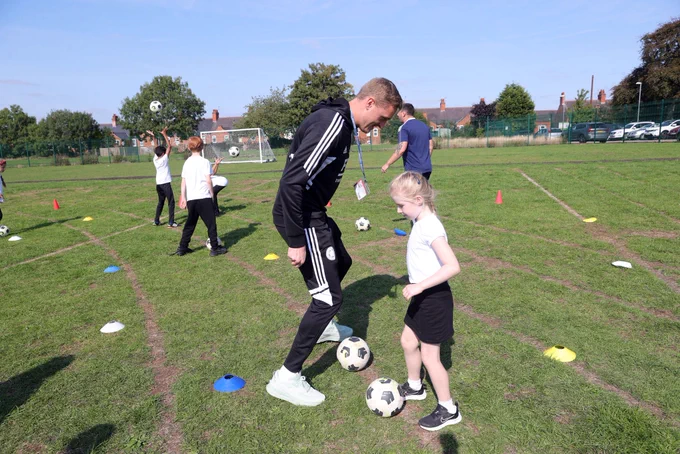 Leicester City’s Daniel Iversen taking part in a PL Primary Stars PE session.