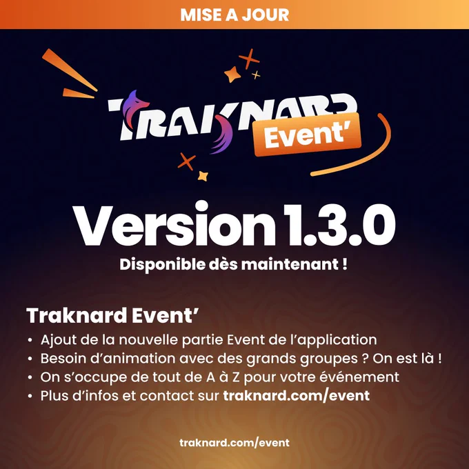 Découvre la dernière mise à jour de Traknard !  

Au menu de la 1.3.0:
- Ajout de la nouvelle partie Event de l'application "Traknard Event'"
- Correction de bugs
- Ajout de nouveaux contenus
- Amélioration des vibrations dans l'application

Télécharge la nouvelle version sur tous les stores: https://traknard.com/r/download
