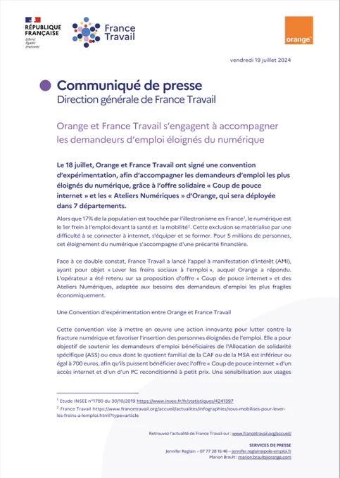 Communiqué de presse de la direction générale de France Travail et Orange intitulé "Orange et France Travail s'engagent à accompagner les demandeurs d'emploi éloignés du numérique"
