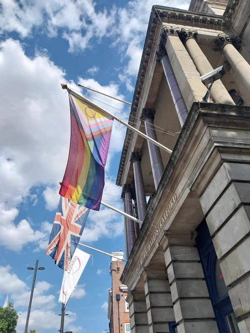 Progress Pride Flag flies high at Stratford Town Halls alongside the union jack and the newham london flags.