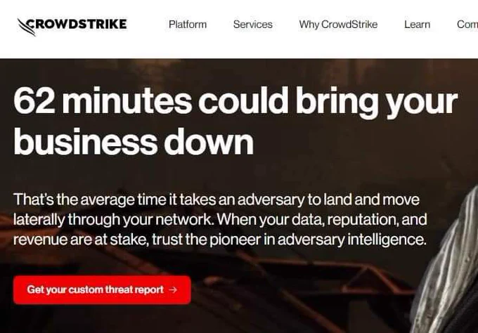 Screenshot of Crowdstrike website with the phrase "62 minutes could bring your business down" 