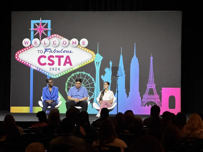 Dr Joseph moderating a panel with two students at CSTA 2024