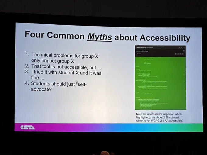 Four common myths about accessibility: 1- impact is broad, 2- rationalizing lack of accessibility, 3- generalizing from 1 student, 4- need for more than self-advocacy