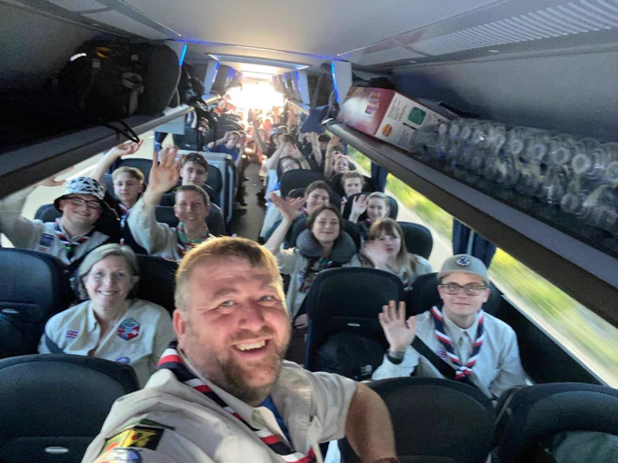 Coach selfie showing adult  Scout volunteers and young people