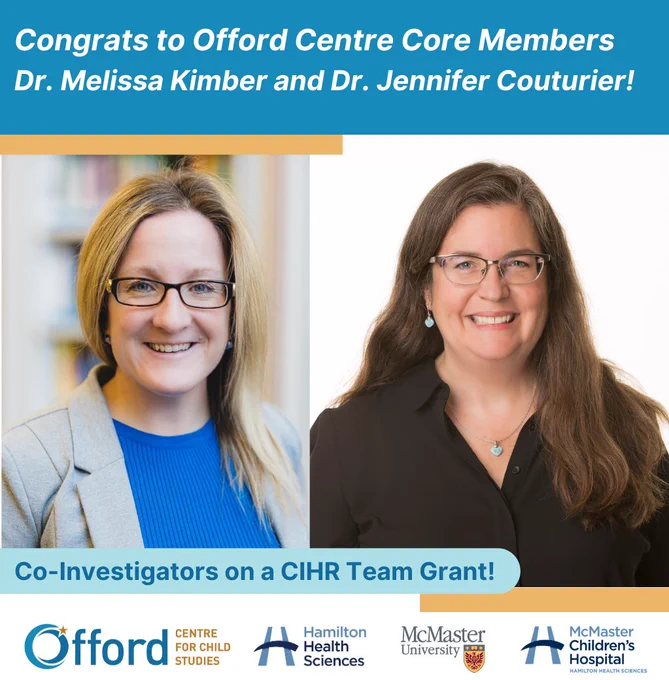 Bold text on screen: Congrats to Offord Centre Core Members Dr. Melissa Kimber and Dr. Jennifer Couturier! Co-Investigators on a CIHR Team Grant. There are blocks of blue, teal and orange outlining the headshots of Melissa and Jennifer, and four logos across the bottom of the graphic: Offord Centre for Child Studies, Hamilton Health Sciences, McMaster University and McMaster Children's Hospital.