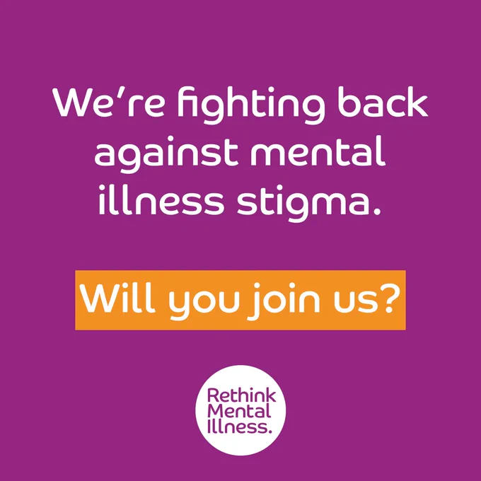 Image featuring bold text saying "We're fighting back against mental illness stigma. Will you join us?" on a purple background. Includes the logo of Rethink Mental Illness at the bottom.