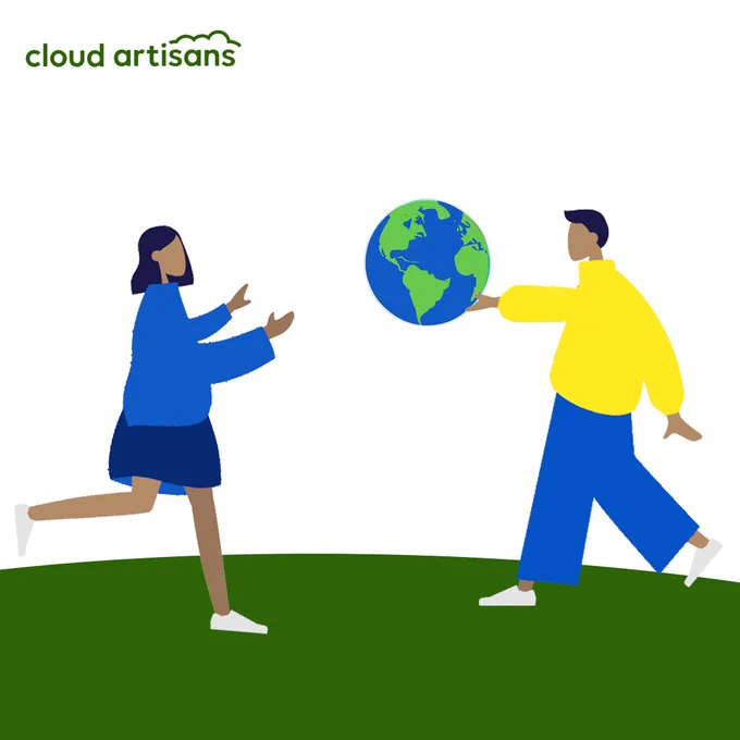 A white graphic with a green logo and two individuals (one man and one woman) playing with a ball that looks like the earth, while on grass.