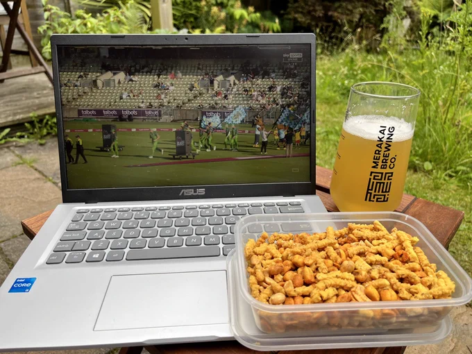 Laptop, beer, snacks