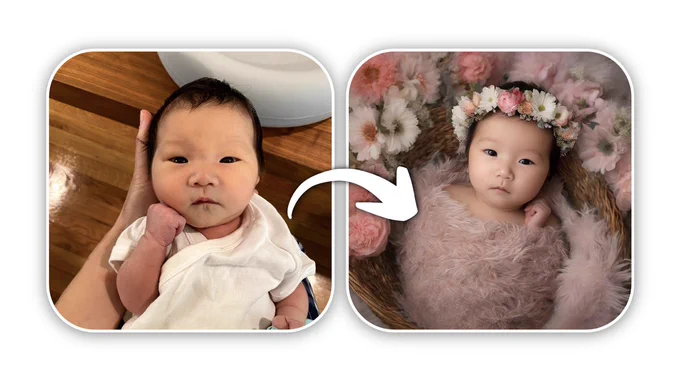 This image shows a side-by-side comparison of two photographs of the same baby in different settings. On the left, a real photo of a baby dressed in a simple white onesie, lying on a brown wooden floor, and slightly touching their face with one hand. On the right, an AI-generated image showing the baby is adorned with a large floral headband, lying cozily in a basket lined with soft pink material. The transition between the two images is indicated with a curved arrow pointing from the left to the right photo.