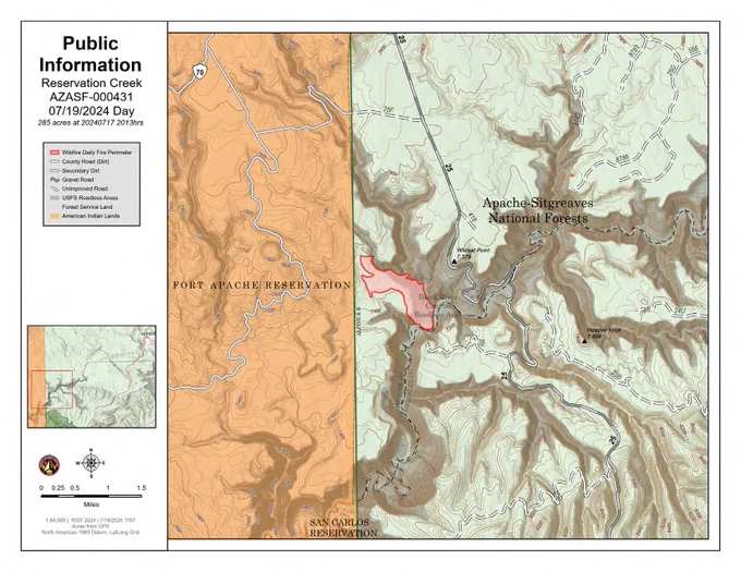 Apache-Sitgreaves National Forests
Forest Service News Release

Forest Public Affairs Specialist
 
Steve Johnson
https://www.fs.usda.gov/asnf

Reservation Creek Fire – July 19, 2024
Alpine Ranger District