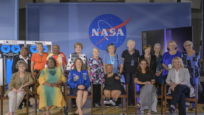 Women of Apollo pose with NASA panelists during the "Dorothy Vaughan Center in Honor of the Women of Apollo" celebration in the Teague auditorium at NASA's Johnson Space Center in Houston. Credit: NASA/Robert Markowitz