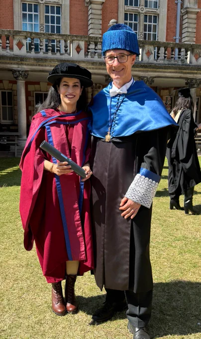 Dr Sahar Akbari Vala and Prof Rafael J. Yáñez-Muñoz in academic gowns at Sahar's PhD graduation on July 19 2024 at Royal Holloway University London