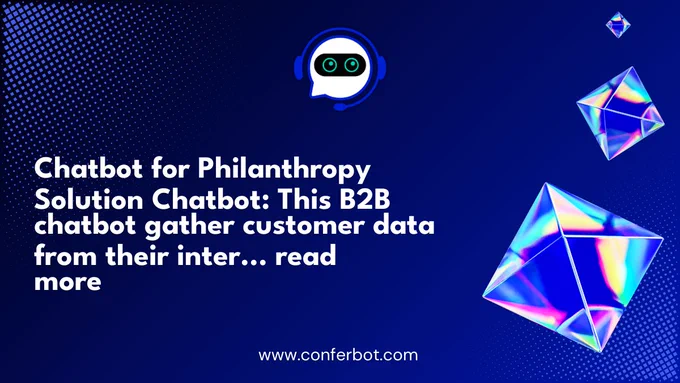 Illustration of a modern chatbot interface with philanthropy-related icons. A smartphone displays a conversation between a user and the chatbot, surrounded by symbols representing donations, volunteers, and community support. The image conveys the concept of digital innovation in the non-profit sector.
