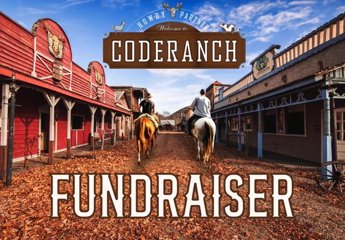 Two people on horses with text "CodeRanch fundraiser"