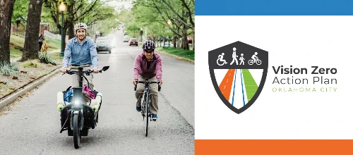 Vision Zero Action Plan logo with image of two people riding bicycles