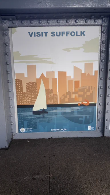 Poster showing sailing boat by Ipswich waterfront