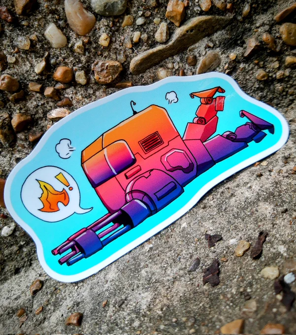 A chubby squared mech in a sunset gradient fom orange to purple, laying on the ground in sploot configuration. Heat waves, Two little poofs of steam and a speech bubble in front of it with a flame and exclamation mark express this poor cutie's exhaustion. 

Background is a gentle blue gradient 