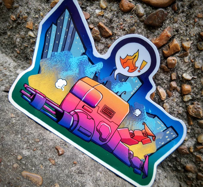 A chubby squared mech in a sunset gradient fom orange to purple, laying on the ground in sploot configuration. Heat waves, Two little poofs of steam and a speech bubble with a flame and exclamation mark express this poor cutie's exhaustion. 

In the background, an evening cityscape of light and dark blues
